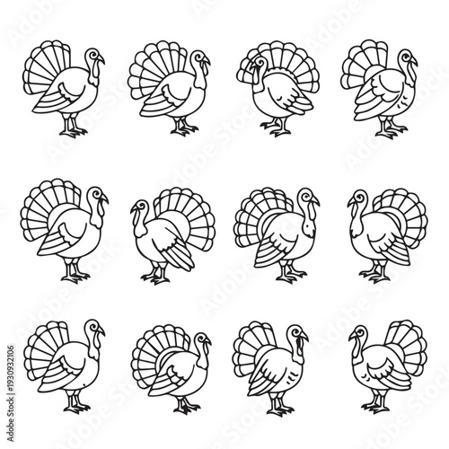Turkey Icons Set Outline Thanksgiving Bird Vector Illustrations