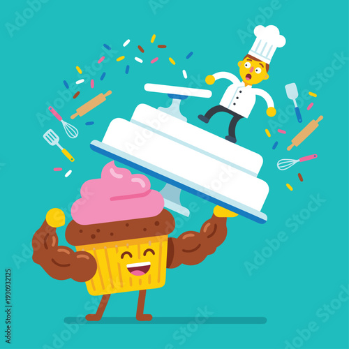 Funny Cartoon Cupcake Chef Holding Cake.