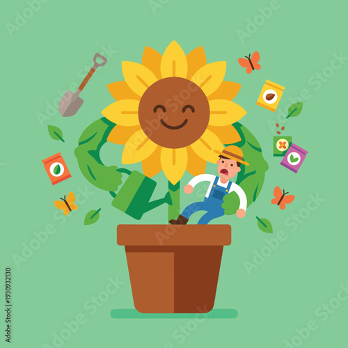 Funny Cartoon Farmer Falling Off Giant Happy Sunflower.
