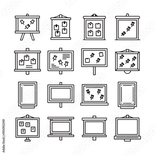Various Bulletin Board and Notice Board Icons with Pins