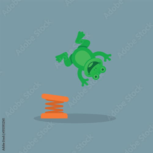 Funny cartoon frog jumping on a spring toy.