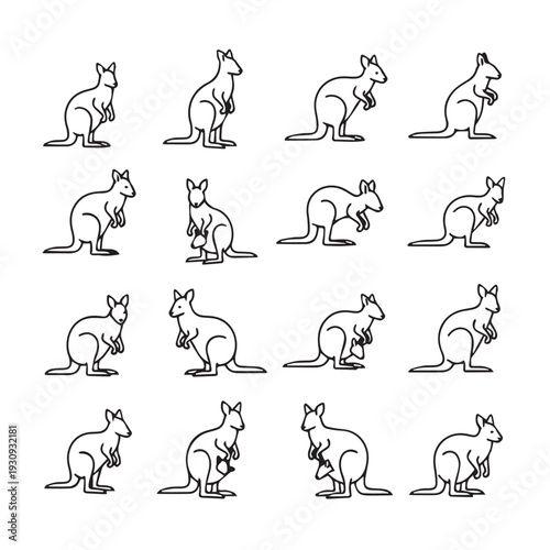 Various Kangaroo Poses Outline Icons Set Wildlife Mammal Animal Collection Simple Vector Graphics