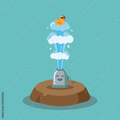 Funny cartoon plunger with a rubber duck on top spraying water.