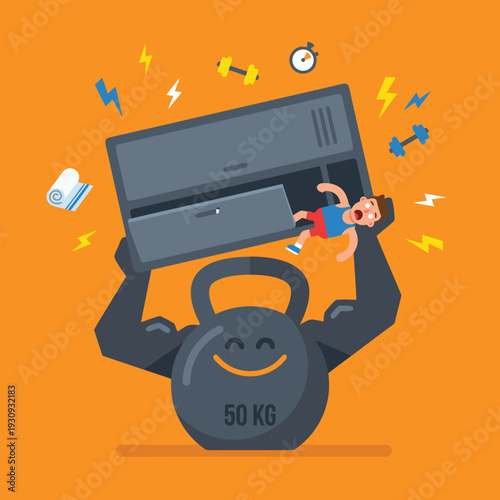 Funny cartoon kettlebell character lifting a laptop with a scared man inside.