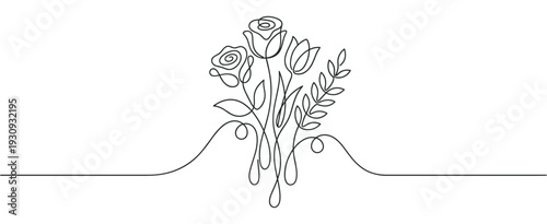 Elegant continuous line art drawing of a beautiful floral bouquet, perfect for minimalist design, romantic themes, and sophisticated decorative elements.