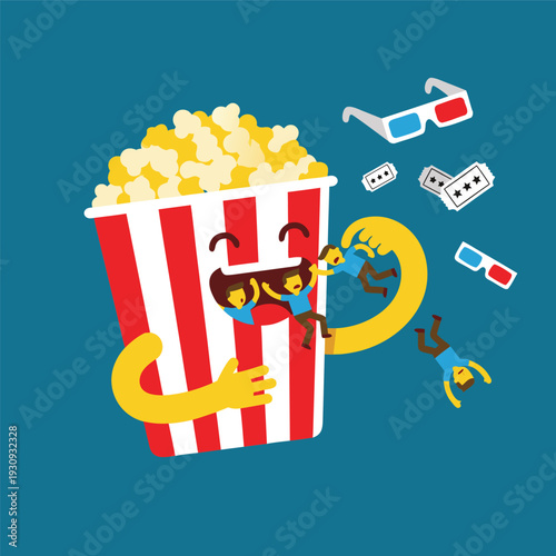 Funny Popcorn Character Enjoying a Movie Night.