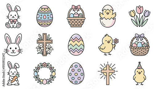 Adorable Easter holiday icons and symbols including bunnies, chicks, eggs, and religious crosses in a charming collection.