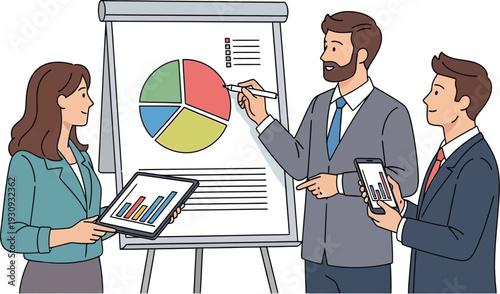 Team of professionals reviews market share data on a flip chart during a.