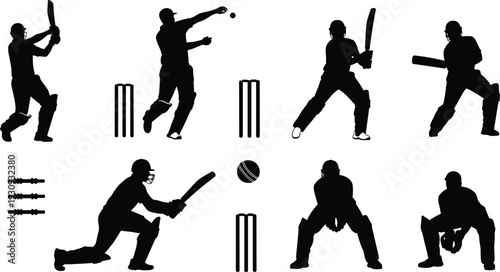 Cricket Action Silhouettes Batsman Bowler Wicketkeeper Sport