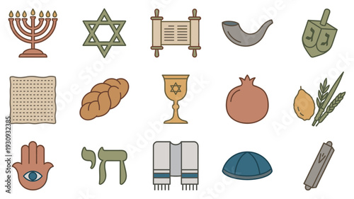 Jewish religious symbols and holiday icons collection representing various traditions and cultural elements in a modern flat design style.