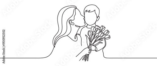 Mother and child sharing a tender kiss, holding a beautiful bouquet of tulips, depicted in a minimalist continuous line art style.