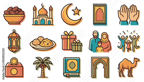 Collection of diverse Islamic icons representing Muslim culture, traditions, and religious celebrations like Ramadan and Eid al-Fitr in a colorful flat design style.