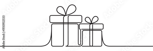 Two gift boxes drawn in a continuous line art style with elegant bows on top, symbolizing celebration, generosity, and special occasions.