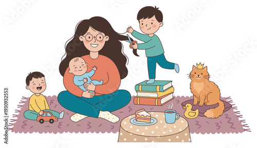 Happy family members enjoy playful moments together at home, with a child cutting hair and another playing with a toy car.