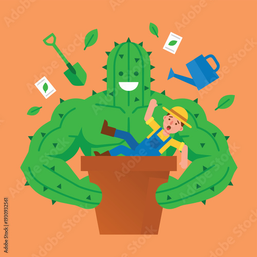Giant Cactus Man Hugging Gardener in Pot.