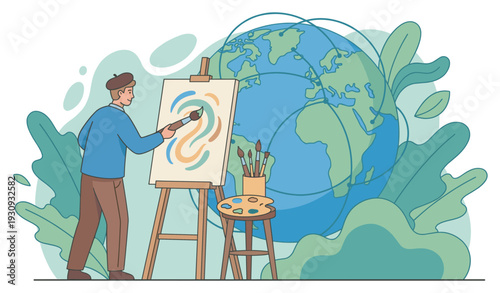 Artist paints a vibrant abstract artwork on an easel, symbolizing global creativity and environmental consciousness.
