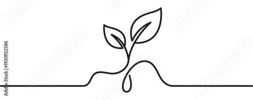 Plant sprout with two leaves, elegantly drawn in a continuous line, symbolizes growth and new beginnings for sustainable development.