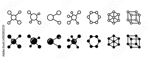 Molecular structure icons depicting chemical bonds and atomic arrangements in science and research