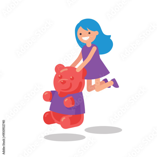 Girl Jumping with Gummy Bear Toy.