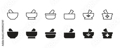Mortar and pestle icons with herbal and cross symbols.