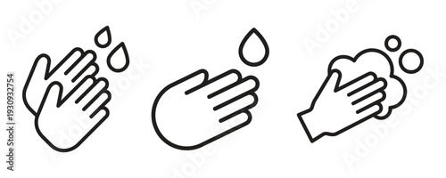 Hand washing outline icons set representing hygiene and sanitation steps