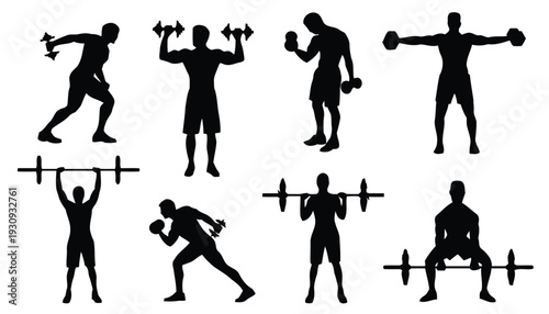Muscular men silhouettes performing weightlifting and strength training exercises