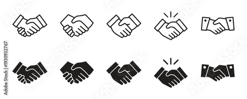 Handshake icons depicting agreement, collaboration and business deal, multiple styles