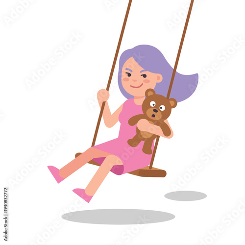 Girl on a swing with teddy bear.