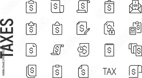 Outline icons related to taxes and financial documents, offering diverse representations