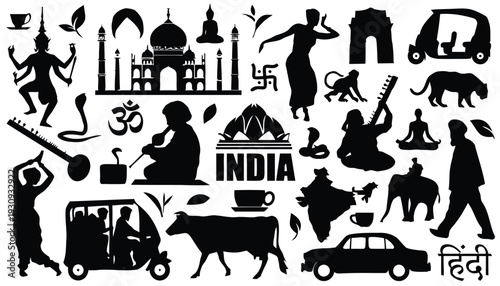 Indian cultural symbols and landmarks diverse vector silhouette collection