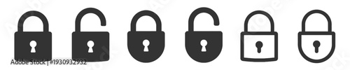 Padlock and lock icon silhouettes open and closed security symbols set