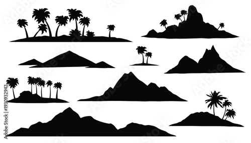 Island silhouettes with palm trees and mountains at sunset on white background vector illustration