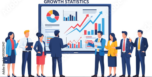 Business professionals analyze growth statistics during a collaborative.