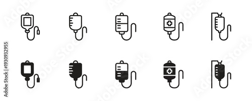 IV drip bag icons in various styles for medical and hospital treatments