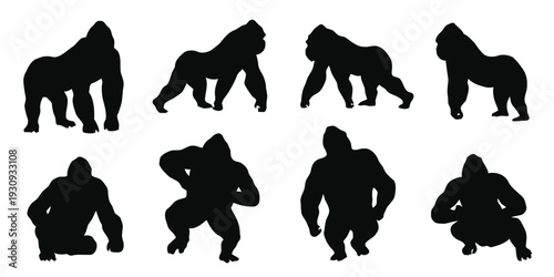 Powerful silhouettes of gorillas in dynamic stances, showcasing strength and nature
