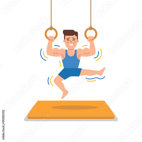 Gymnast Performing on Rings with a Leap.