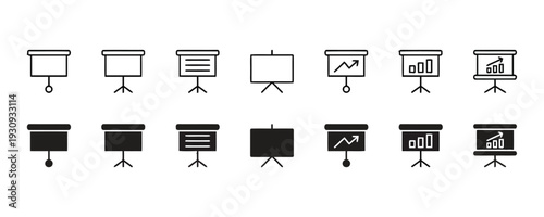 Presentation board icons, outline and filled styles, with charts and graphs