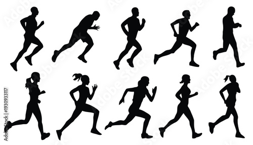 Male and female athletes running in silhouette, capturing motion