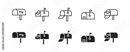 Mailbox vector icon set featuring outline and glyph styles for mail delivery concepts