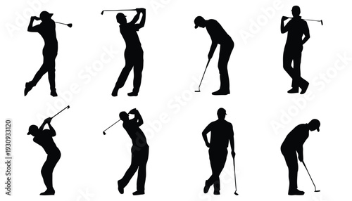 Male golfer silhouettes in various poses playing golf on white background
