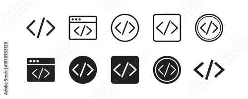 Programming code tags icon set in multiple frame styles for web development and software engineering