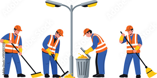 Workers Sweeping Street Scene Commercial Illustration