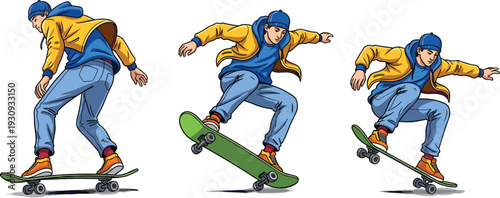 Skateboarder Tricks Action Sequence Vector Art Commercial