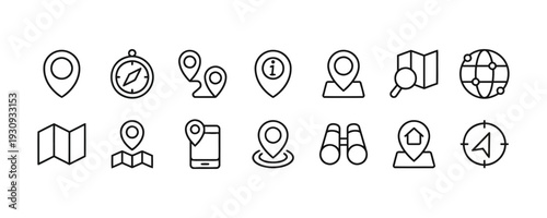 Map and navigation icons set, location pins, compass, binoculars and globe