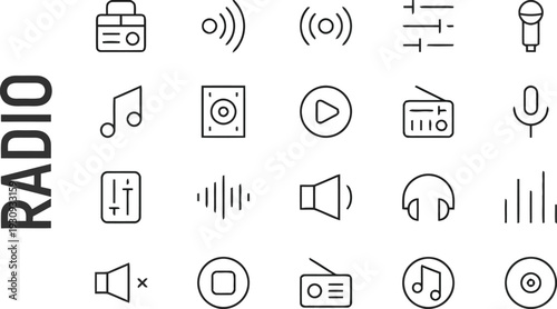 Radio and audio icons including sound waves volume controls and devices
