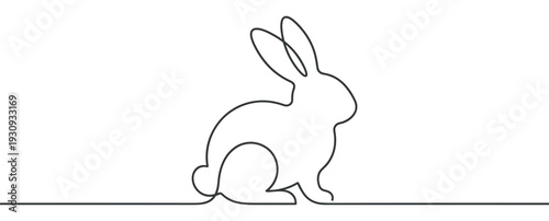 Continuous line art drawing of a rabbit sitting on a simple horizontal line, representing minimalism and elegance.