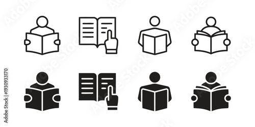 Reading book icon set featuring human silhouettes and instructional hand gestures