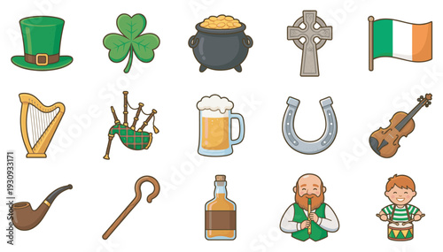Irish symbols and cultural icons collection features various elements associated with St. Patrick's Day festivities.