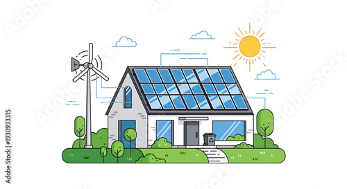 Vector illustration of eco-friendly house with solar panels and wind turbine