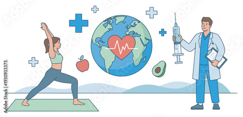 Global health and wellness concepts with doctor and yoga practitioner promoting a healthy lifestyle and medical care.